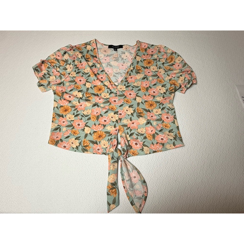 Ava Rose Floral Wrap Top Green Tie Waist Blouse‎ Size XL